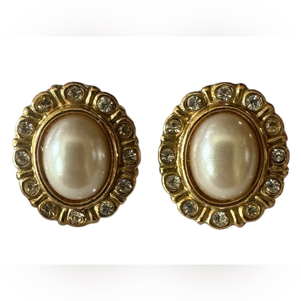 Napier Gold-Tone Pearl and Crystal Oval Stud Earrings